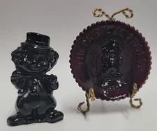 Vtg Mosser Glass Little Fiddler Clown Dappy Black Amethyst w. Matching Plate