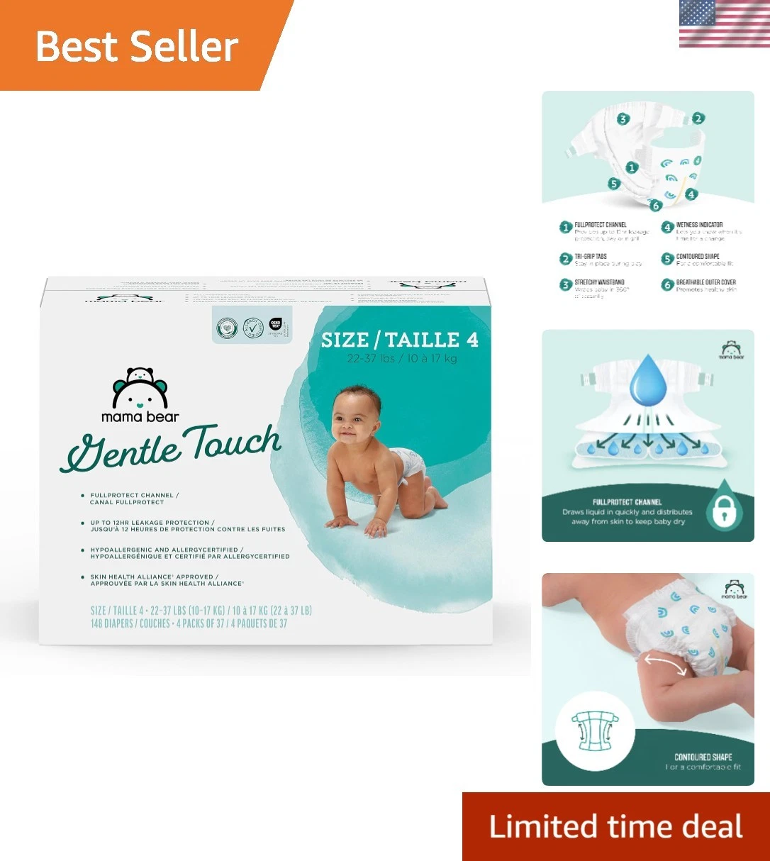 Hypoallergenic Gentle Touch Baby Diapers, Size 4 (148 Count), 12-Hour Protection
