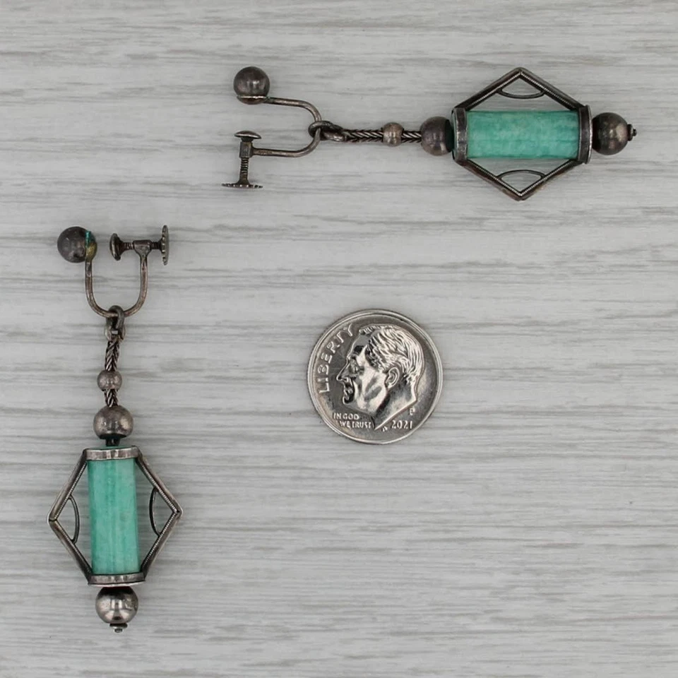 Vintage Amazonite Dangle Earrings Sterling Silver Screw Back Non Pierced As Is - Image 4 of 4