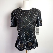 Vintage 80s 90s Silk Sequin Beaded Blouse Large Deadstock Glam Festival Gatsby