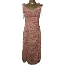 Cupshe Pink Floral Tie Shoulder Ruched Midi Dress Sweetheart Neck Slit S Fairy