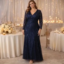 R M Richards Navy Gown Sequin Long Sleeve Dress Twilight Evening Wedding Size 16