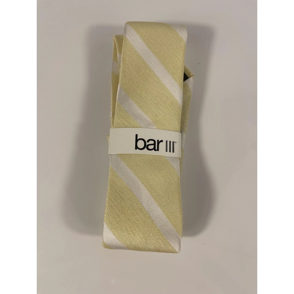Gravata Bar III masculina listra branca amarela Lovett mistura de seda fina moderna formal nova com etiquetas - Imagem 2 de 4