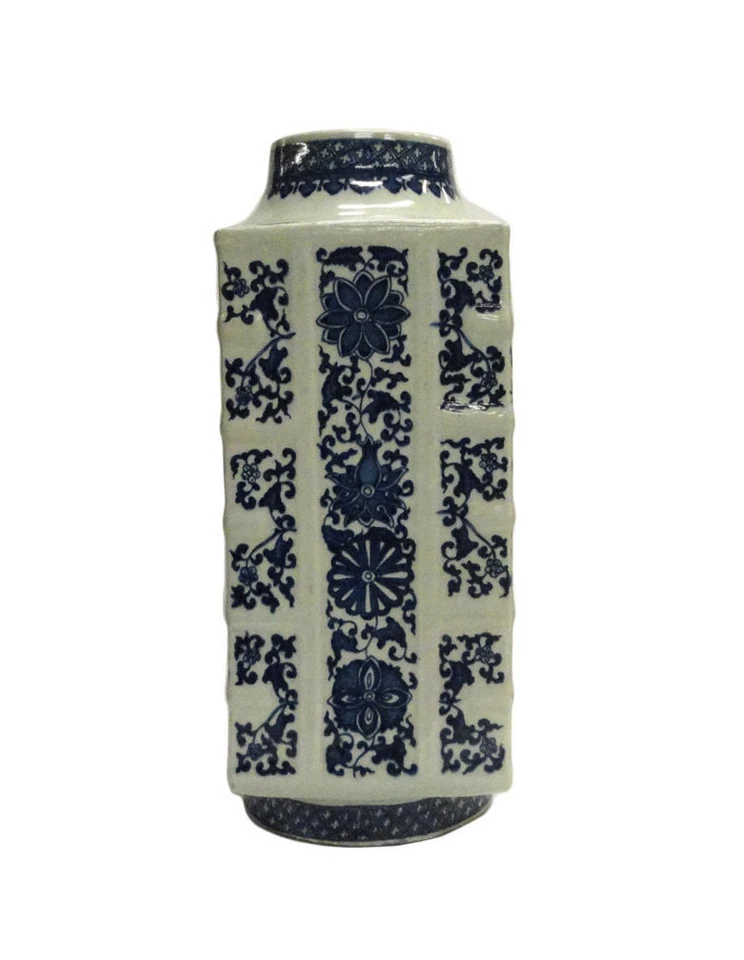 Jarrón chino con forma de columna de porcelana azul y blanco cs1071 Foto 2 de 4