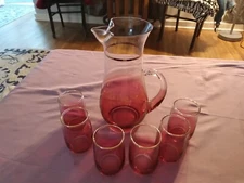 Vntg. 1960s Blendo Cranberry Rose Pitcher 10" and 6 Drinking Glasses 4" Set
