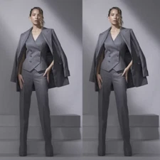 Grey Striped Women Suits Peak Lapel Formal Business Lady Office Work Wear 3Pcs