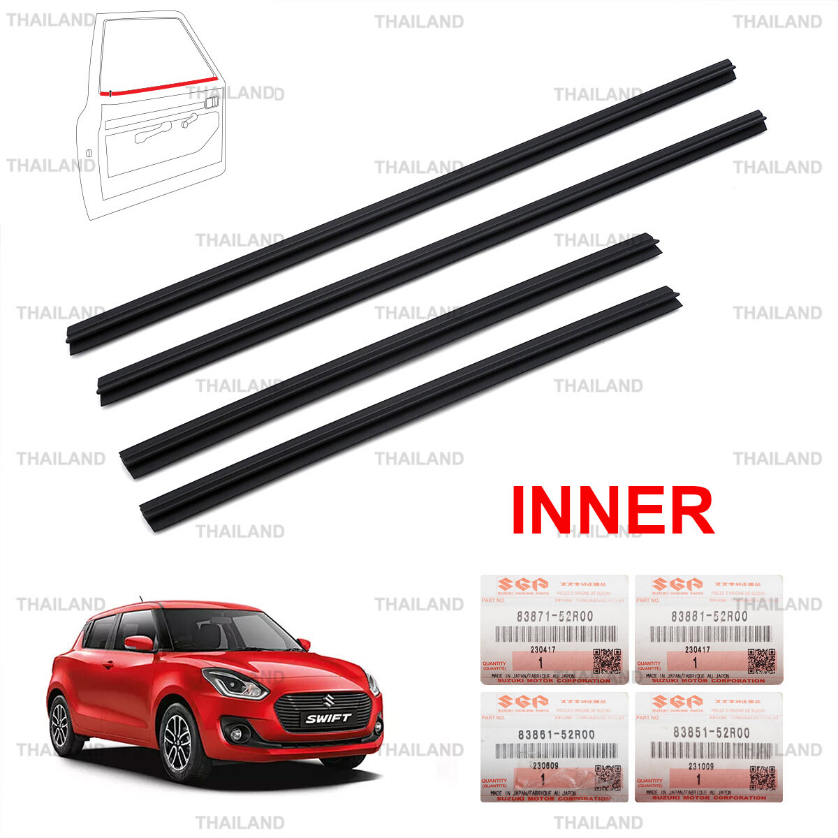 Set 4Dr Inner Weatherstrip Door Belt For Suzuki Swift 5Dr