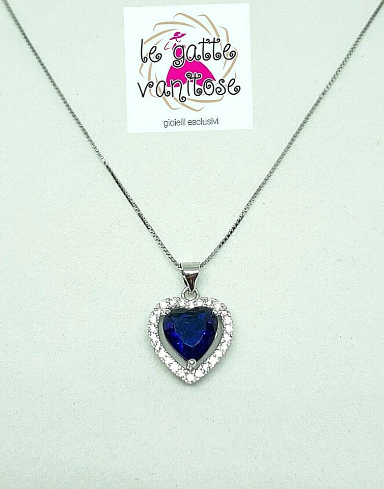 CIONDOLO CUORE BLU in argento 925/1000 con zirconi + collana + spediz. gratis - Immagine 2 di 4