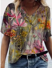 Floral V Neck T-Shirt Short Sleeve Womens Size XL Pink Violet NEW Vibrant 