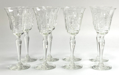 Eight Piece Cordials Etched Chrysanthemums & Leaves Panel Optic Flared Bowl
