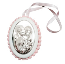 Elite Medallion Cradle Pink Holy Family In Silver With Lullaby Melody