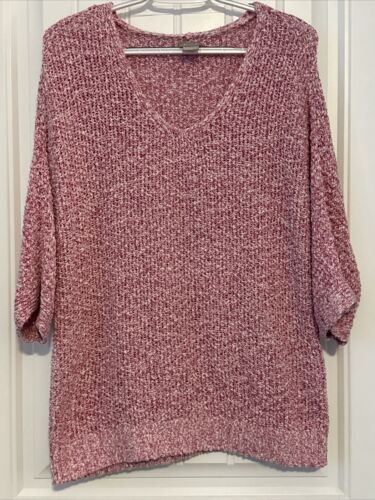 Chicos Damen Gr. 2 rosa & weiß lockerer Basic Strick 3/4 Ärmel Pullover