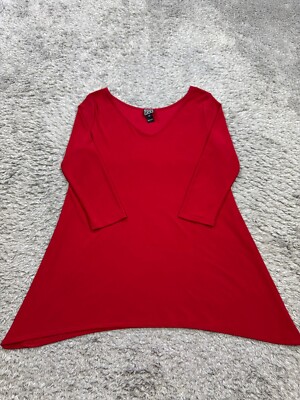 Clara Sun Woo Top Women Small Red Jersey 3/4 Sleeve Sharkbite Hem Tunic Blouse