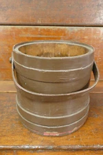 Antique Primitive Firkin Sugar Wooden Bucket Brown Paint w/ Handle 9 1/2”