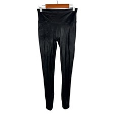 Spanx Faux Leather Shiny Leggings Women's Size S/p Black Slimming Pull On FLAW