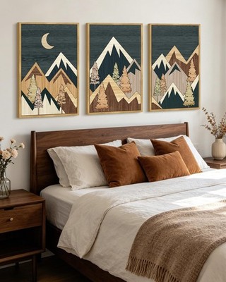 Morden Mountains Framed Wall Art Boho Pine Tree Forest Nature Landscape Artwo...