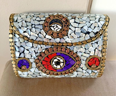 Artisan Evening Clutch purse from Greece INTRICATE Jewel Mosaic 7X5  Metal base