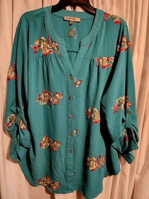 Figueroa & Flower Blouse Womens 2X  Teal Floral Peasant Bell Sleeve Top