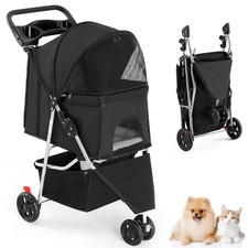 3 Wheels Pet Stroller, Dog and Cat Strollers, Storage Basket and Cup Holder, Bre