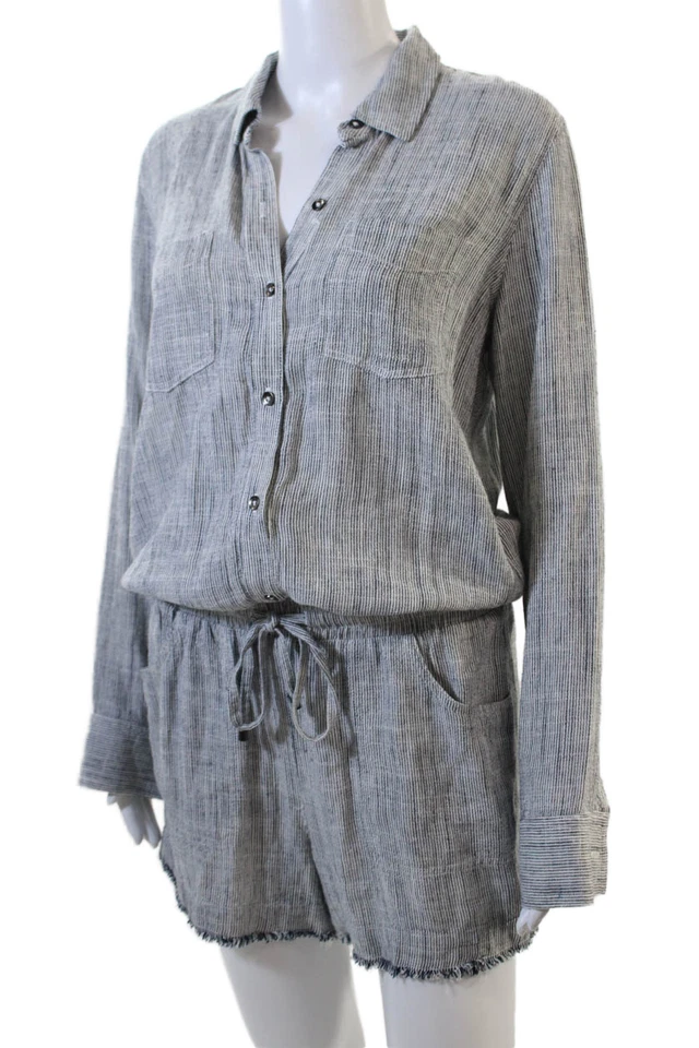 Splendid Womens Button Front Collared Striped Fringe Romper Blue Size Medium - Image 2 of 4