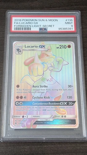 LUCARIO GX 2018 Pokemon #135/131 PSA 9 MINT Forbidden Light SECRET RARE!
