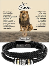 To My Son Bracelet, Braided Leather Bracelet with Stainless Steel Beads Message