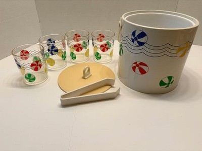 Vintage Beach Ball Ice Bucket Set w/ 4 Matching Glasses   Retro Summer Barware