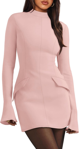 Women'S Fall Long Sleeve Mock Neck Dress Basic Party Club Bodycon Mini Dresses