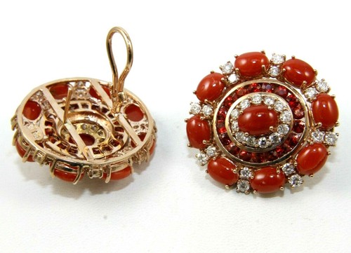 Natural Oval Orange Coral & Diamond Halo Cluster Earrings 14K Rose Gold 25.05Ct - Picture 3 of 5