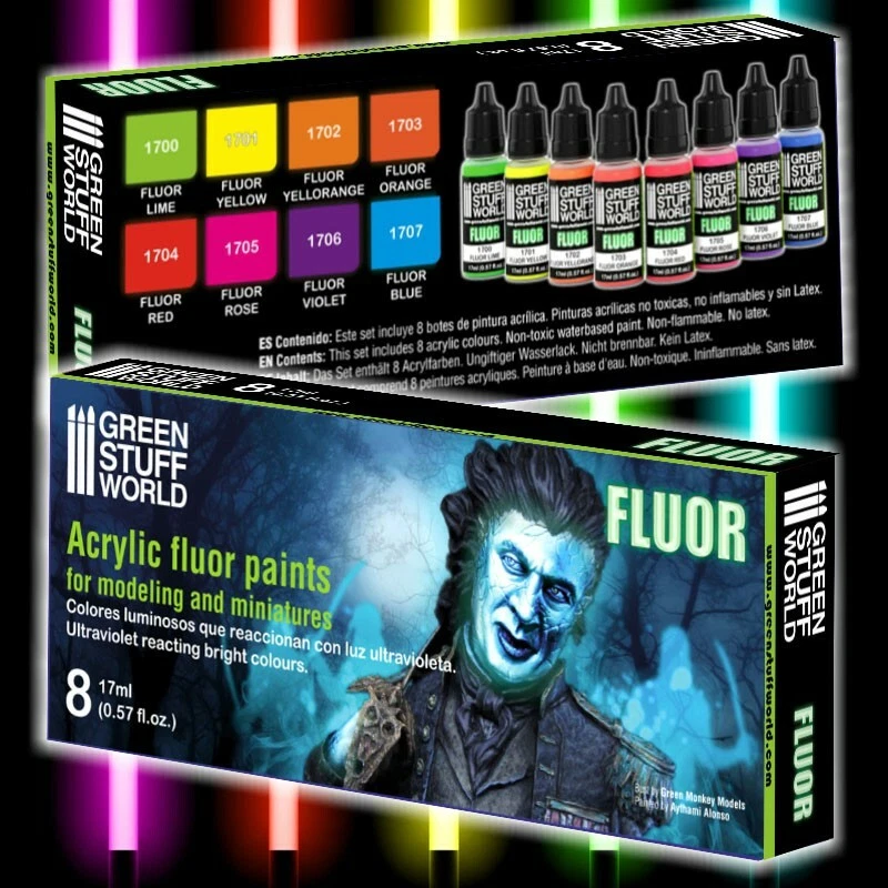 Green Stuff World Fluor Fluorescent Neon UV Model Paint Set - 8