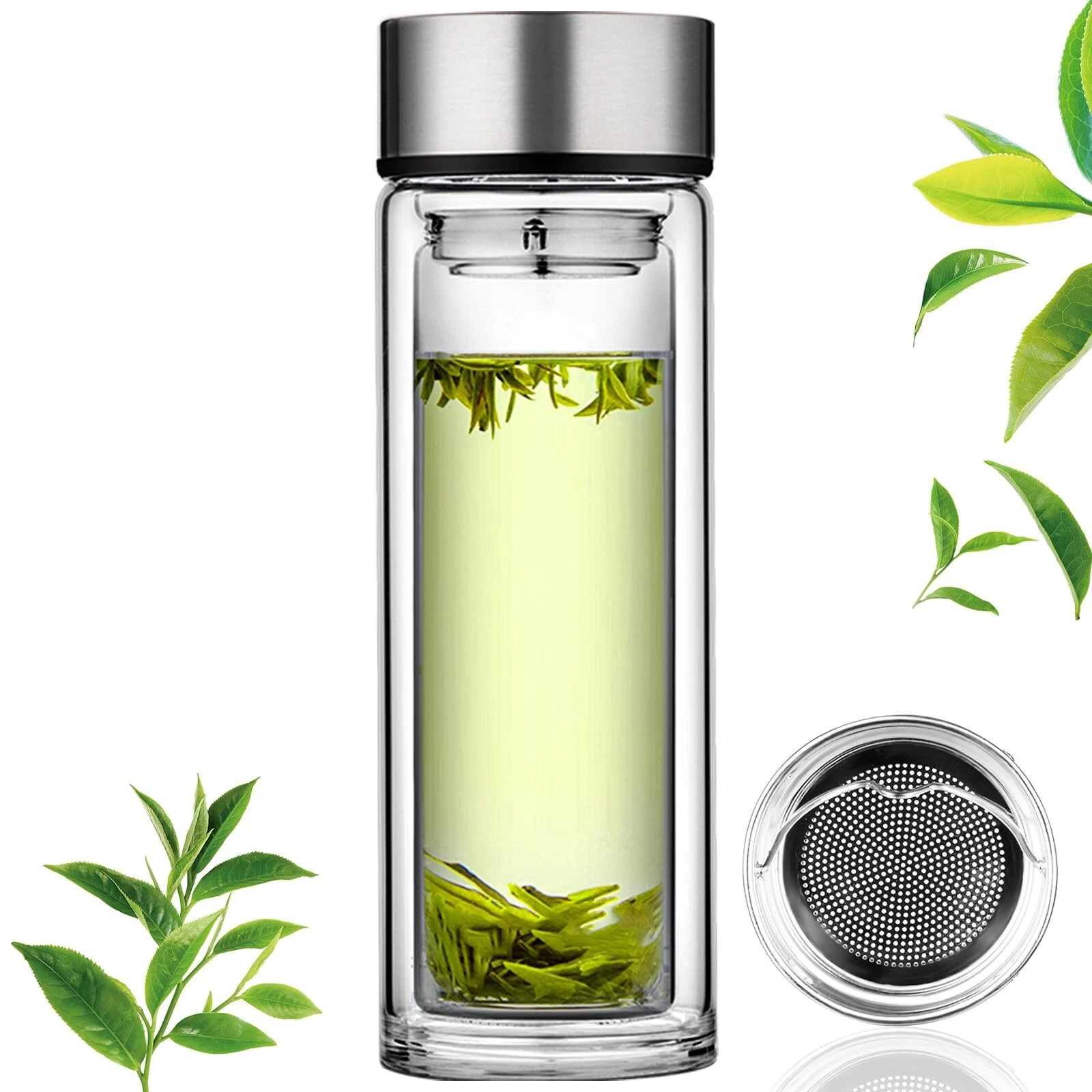 PARACITY Glass Tea Infuser Bottle Tea Flood Cup 12oz/350ml, Double Wall Boros...