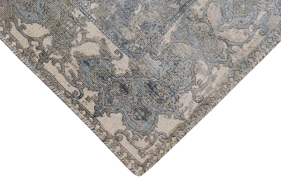 Teppich Vintage Handgewebt 160x230 cm Glanz Effekt Handweb creme blautöne - Bild 4 von 4