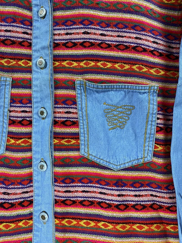 Conjunto de pantalón camisa vaquera navajo Joujou vintage para mujer 7/8 mediano azteca occidental raro Foto 3 de 4