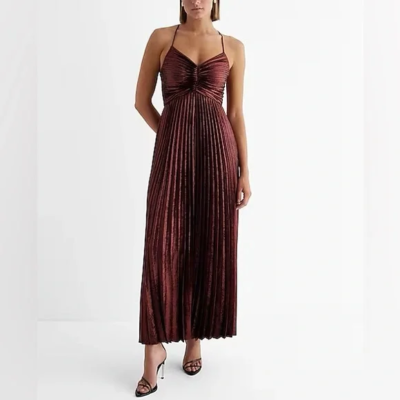 Express NWT Metallic Bronze Pleated V-neck Criss cross back Maxi dress, L |  eBay