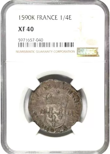 1590 K France 1/4 Ecu, Bordeaux Mint, NGC XF 40