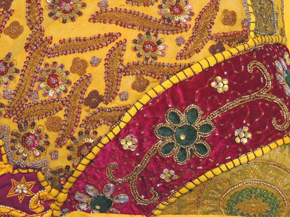 Yellow Floor Pillow Cover Handmade Bollywood Ethnic Style Sari Big Euro Sham 26" - Image 3 of 4