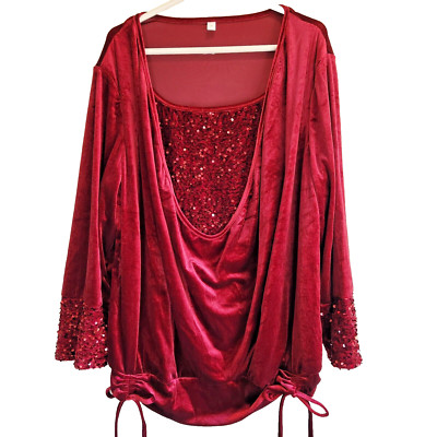 Womens Top 2X Red Velvet Cascade Hem Sequined Holiday Party Stylish Evening Wear