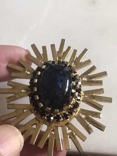Broche prendedor vintage dorado Sunburst piedra cabujón azul brillante - Imagen 8 de 13