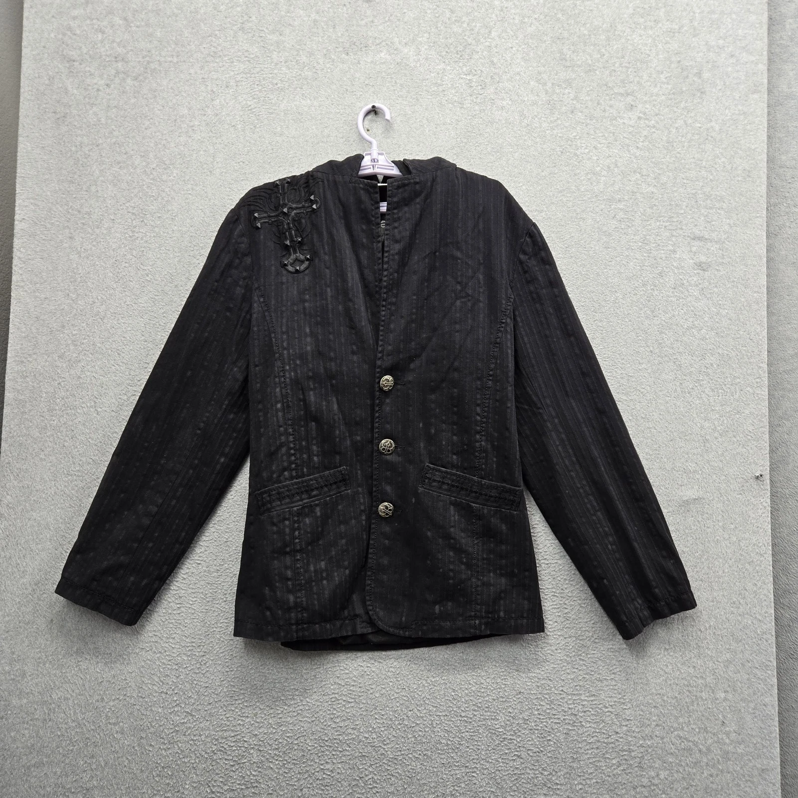 Roar Men Jacket S Black Embroidered Cross Devote Hooded Blazer Y2K Grunge image 1