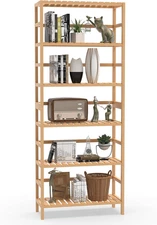 6-Tier Bamboo Shelf,Bamboo Storage Shelving Unit,Tall Bookcase with Adjustable S