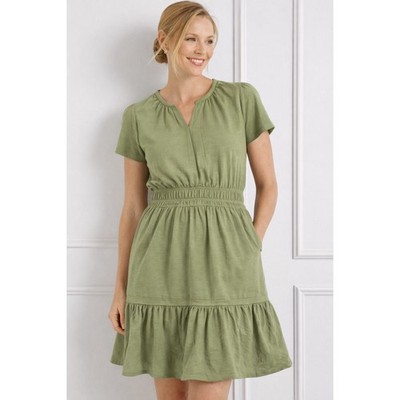 Rachel Zoe Olive Green Smocked Waist Tiered Ruffle Hem Dress XL Short Sleeve