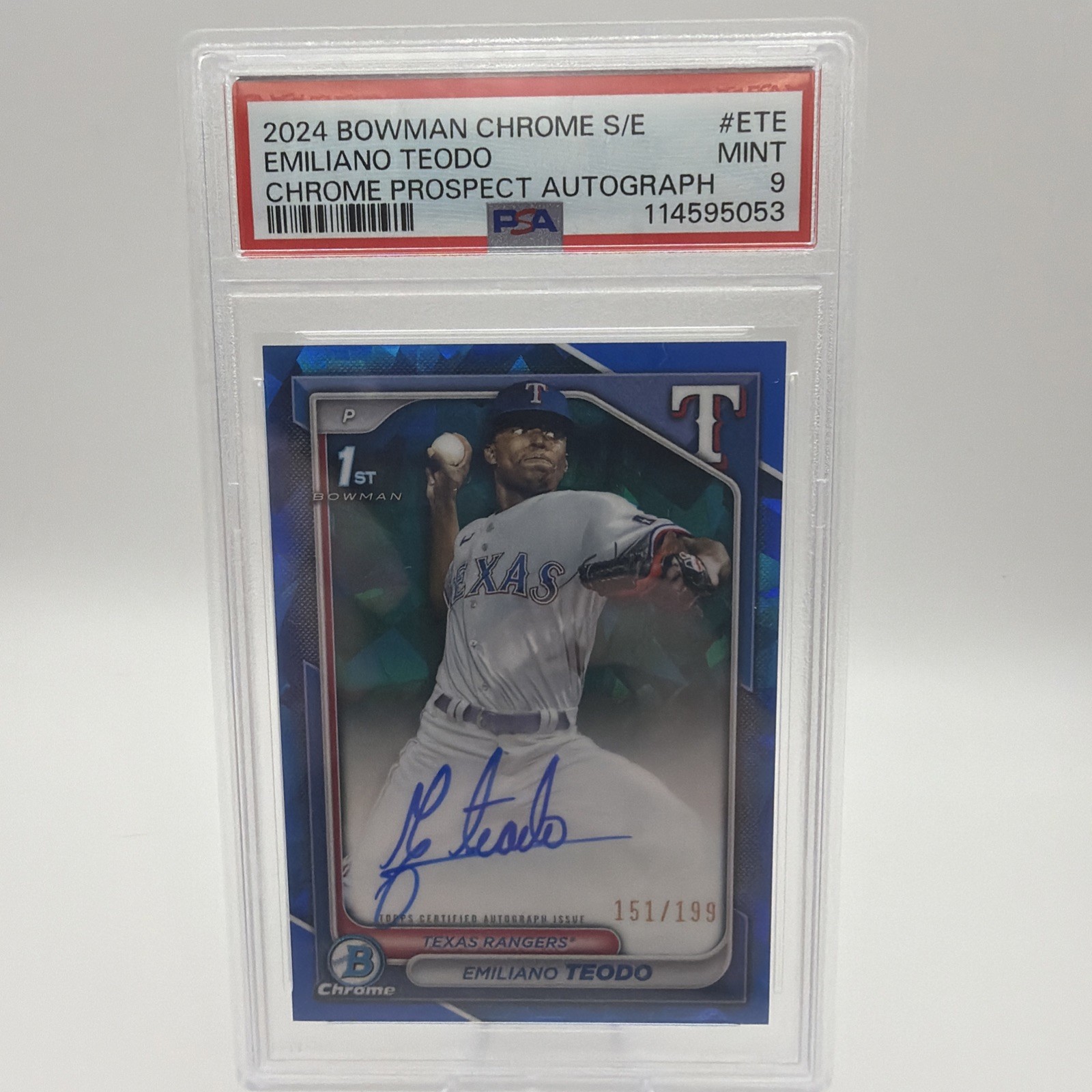 2024 Bowman 1st Chrome SAPPHIRE AUTO #/199 Emiliano Teodo Texas Rangers CSPA-ETE