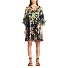 Johnny Was California Floral Boho Tunic Dress Size Medium Black Tassel V-Neck