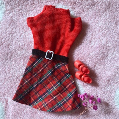 Professional Red Knit Checkered Dress + Shoes fit 12'' Blythe Doll Outfit