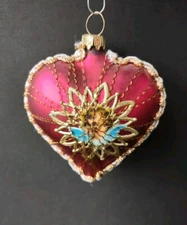 Vintage Wire Wrapped Glass Christmas Ornament- 3.25" Heart w/ Cherub Faces 