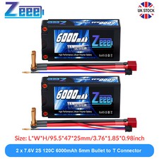 2x Zeee 7.6V 2S Lipo Battery 6000mAh 120C 5mm Bullet to T Connector High Voltage