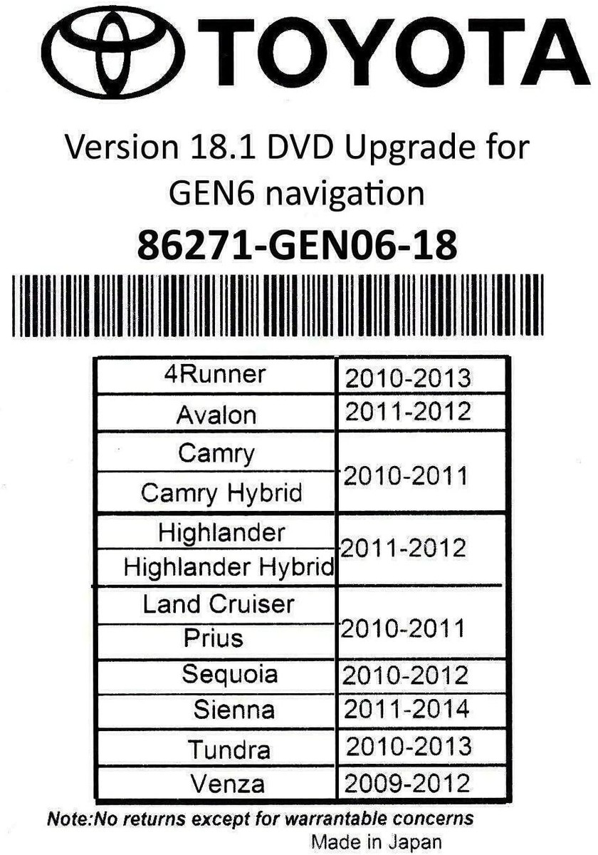 Latest Toyota 2019 Navigation Map Update DVD Gen 6 18.1 U9A 86271