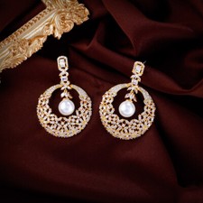 Gold Plated Pearl Dangle Cubic Zirconia Long Round Drop Earrings for Women Bride
