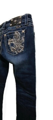 Miss Me Signature Boot Fleur-De-Lis   Rhinestone Embellished Jeans Mea 28 X 29 