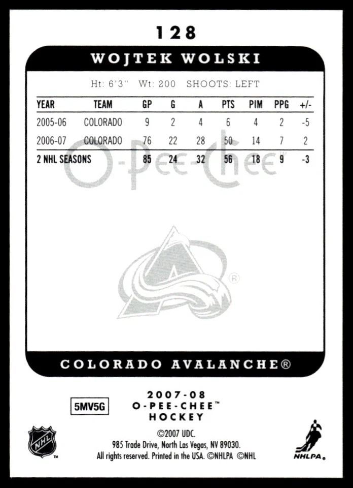 2007-08 O-Pee-Chee Micromotion Wojtek Wolski Colorado Avalanche #128 - Image 2 of 2